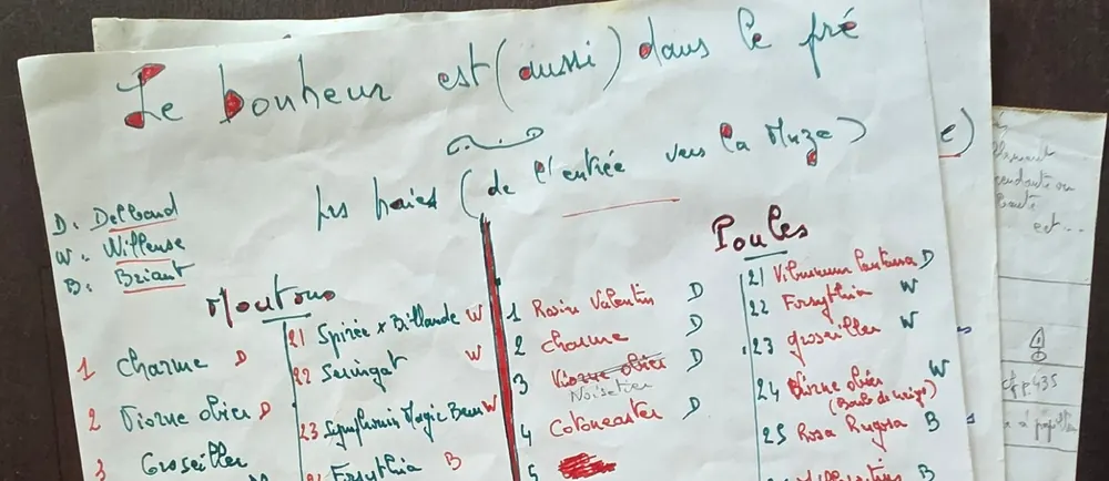 Le carnet manuscrit laissé par l'ancien propriétaire : des listes de haies et de variétés, écrites à l'encre rouge et verte.